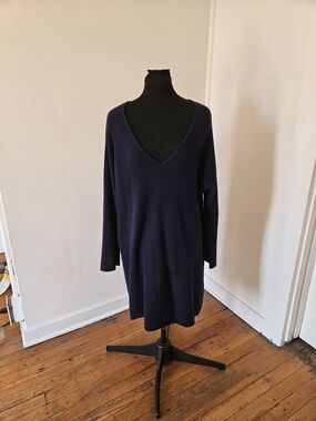 Organic John Patrick Womens Oversized Merino Wool/Cashmere V-Neck Sweater Navy